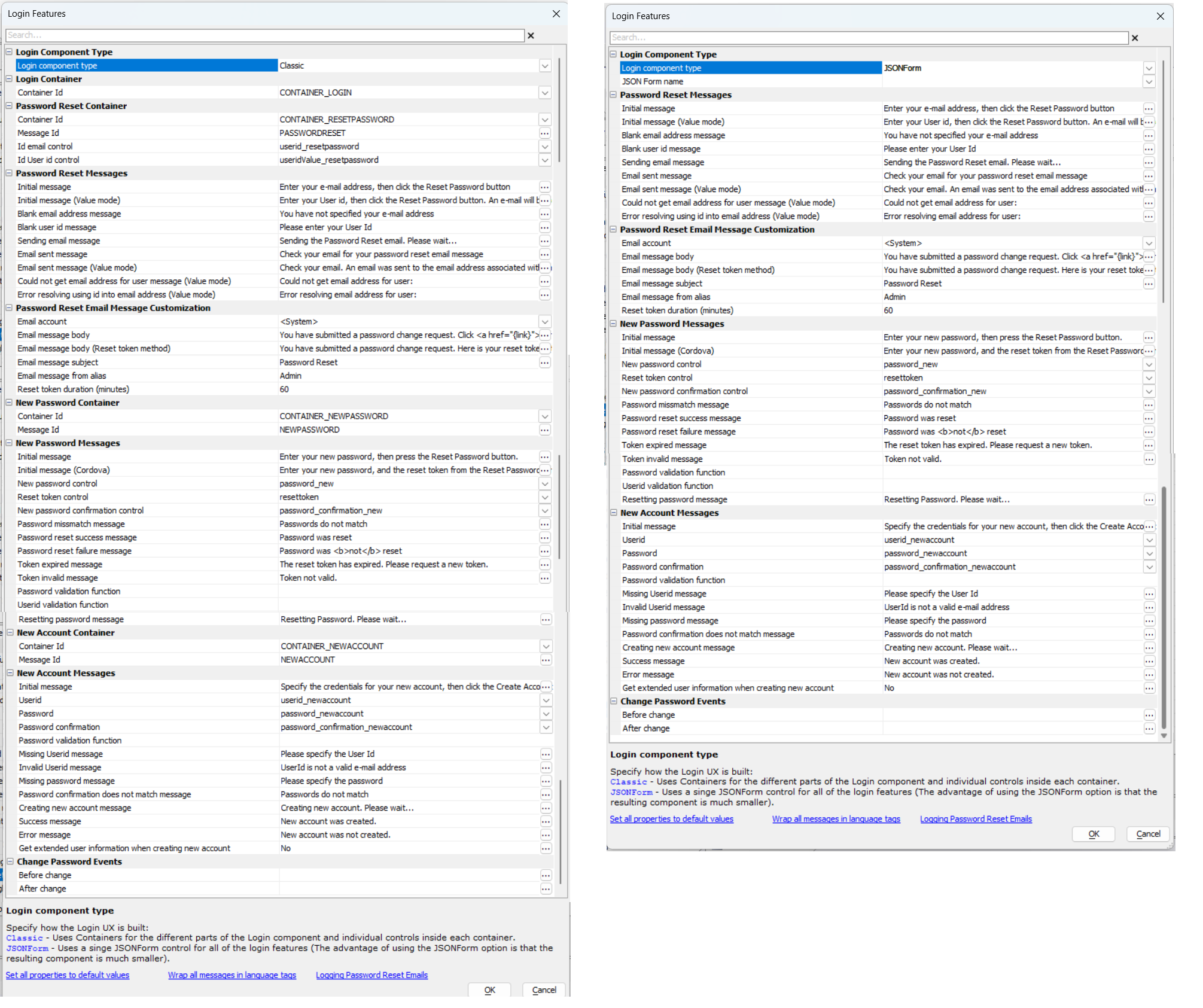 Login Features dialog showing Classic or JSONForm options showing most of the
properties
